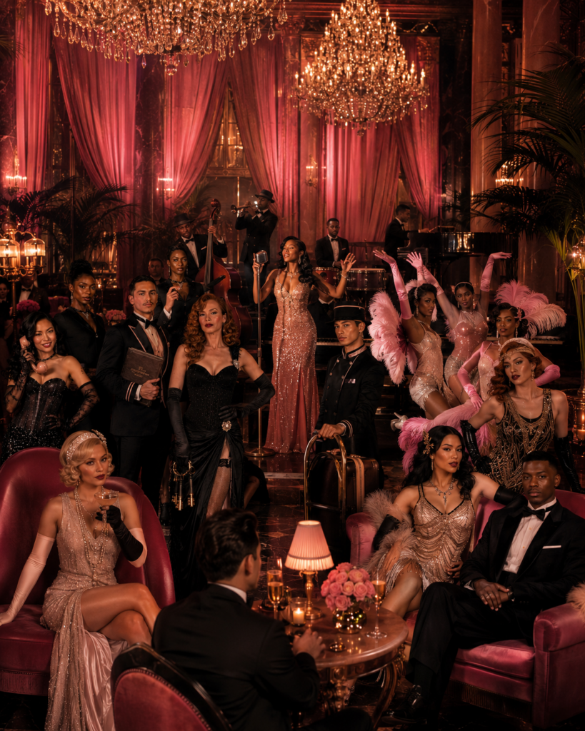 Large cast of cabaret performers and elegant guests inside a luxurious pink lounge