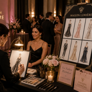 Corporate Live Fashion Illustration | Brand Activation Entertainment Chicago Vaudezilla Corporate live fashion illustration brand activation with guests networking at a Maison Lumière luxury event in Chicago