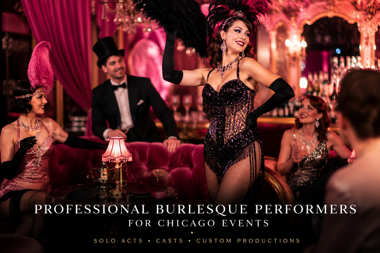 Professional burlesque performer entertaining guests at an elegant Chicago cabaret event