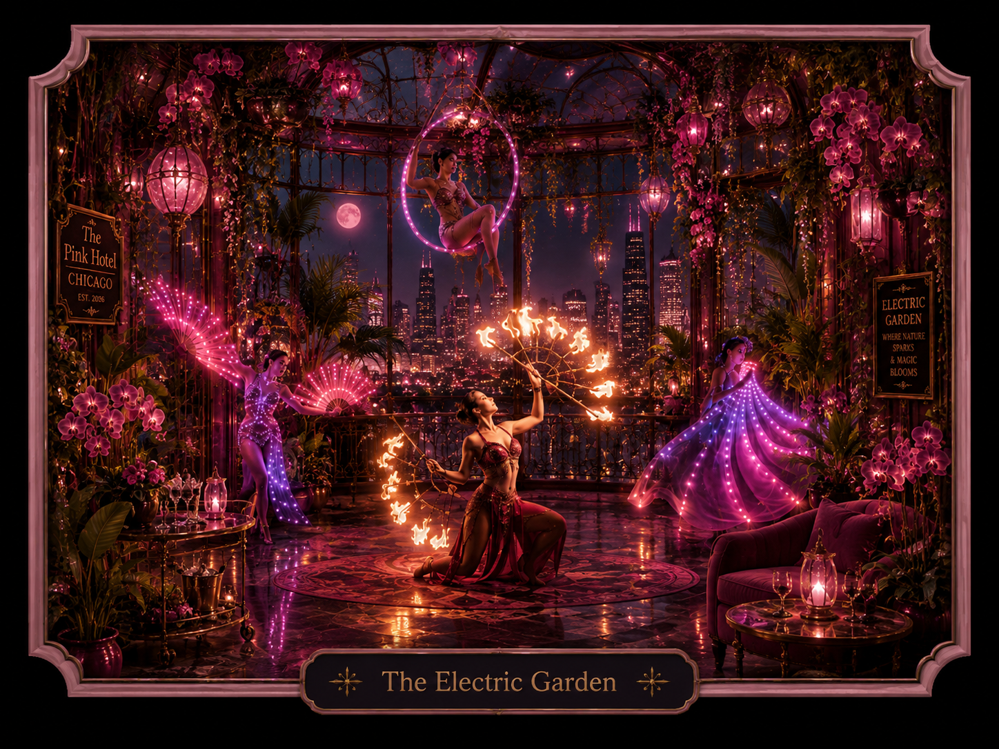Fire, LED and aerial performers inside The Electric Garden.