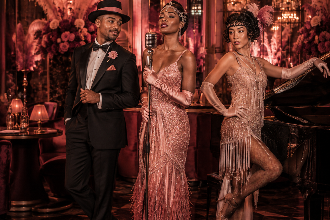 1920s Live Music Entertainment Vaudezilla Male cabaret singer and two showgirls performing beside a piano in a luxury lounge