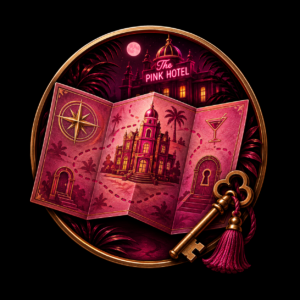 The Pink Hotel Map | Explore the Hotel Vaudezilla Illustrated map and vintage hotel key representing navigation through The Pink Hotel Vaudezillas immersive entertainment world in Chicago