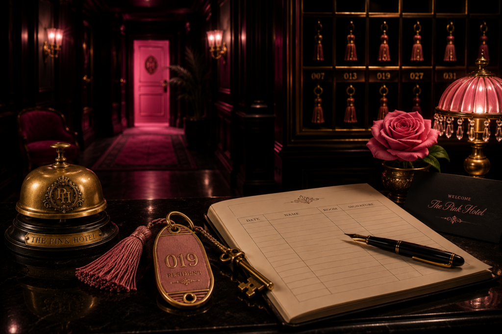 Vintage brass room key and guest registry at The Pink Hotel Vaudezillas immersive entertainment world in Chicago