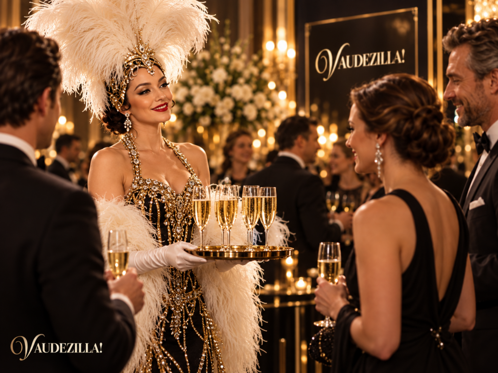 Vaudezilla performer greeting guests during a corporate cocktail hour