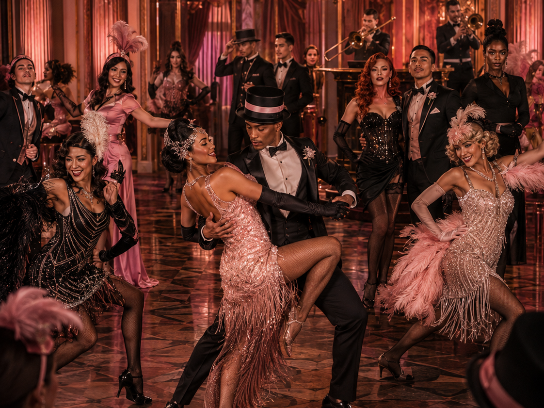 Cabaret dancers performing across a luxurious ballroom beneath crystal chandeliers