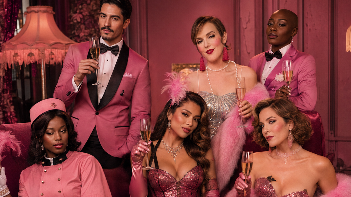 Diverse cabaret cast in pink costumes posed around velvet seating in a glamorous lounge