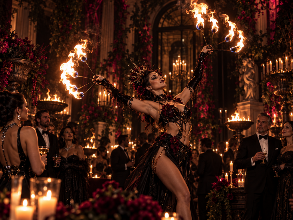 Fire performer entertaining guests inside The Fire Garden at an upscale Halloween event
