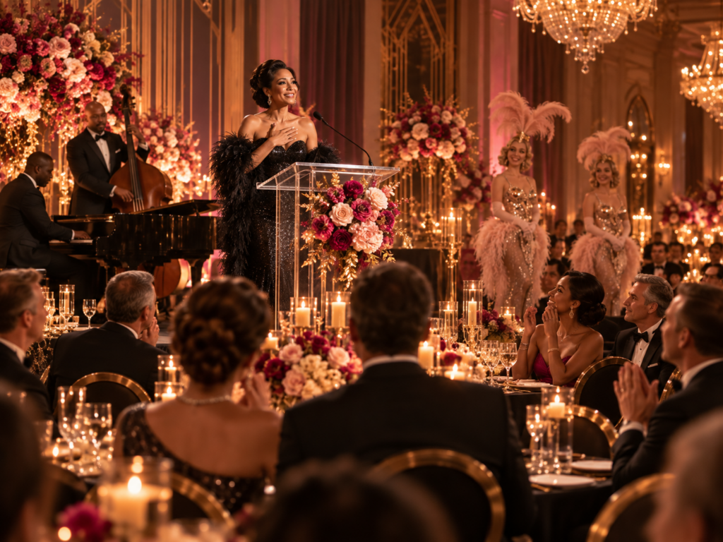 Fundraising Gala Entertainment Vaudezilla Speaker addressing guests during a fundraising gala with live musicians and performers supporting the program