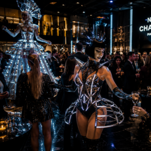 Futuristic Experiential Brand Activation in Chicago Vaudezilla LED couture performers at a futuristic experiential marketing event in Chicago