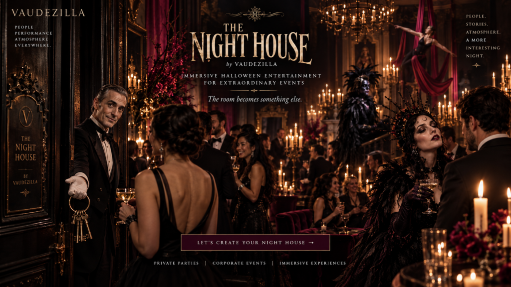 Elegant Halloween party with immersive performers interacting with guests inside The Night House