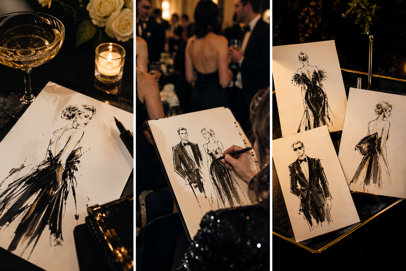 Live fashion illustrator creating a personalized guest portrait at an elegant Chicago event