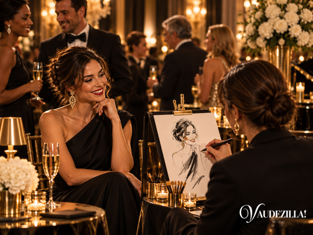 Live fashion illustrator creating a guest portrait at a corporate event