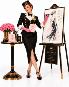 Stylized live illustrator creating a fashion portrait for an executive reception in Chicago