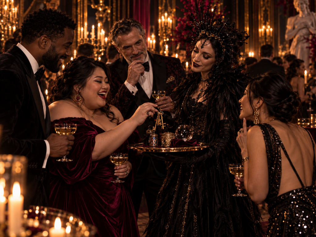 Immersive Halloween characters greeting guests inside an elegant private party created by Vaudezilla