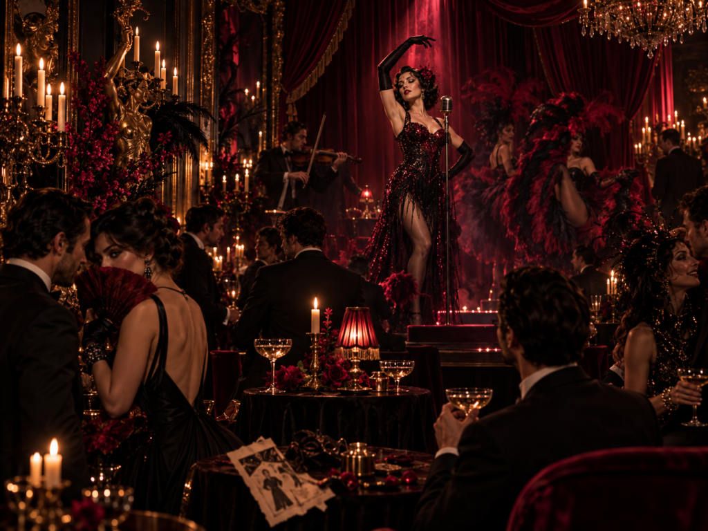 Immersive Halloween cabaret performance surrounded by guests inside The Night House