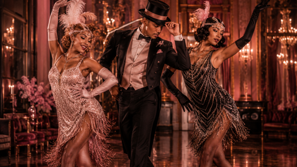 Three 1920s dancers performing in an ornate pink Art Deco ballroom