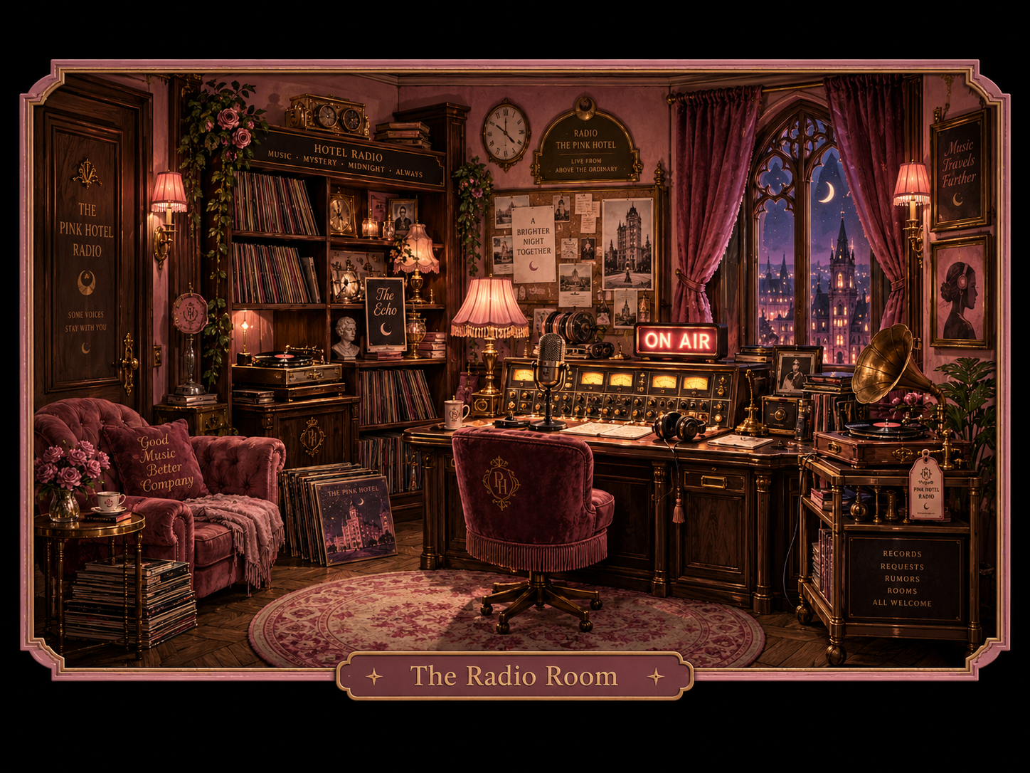 Candlelit vintage radio room filled with records, books and artifacts.