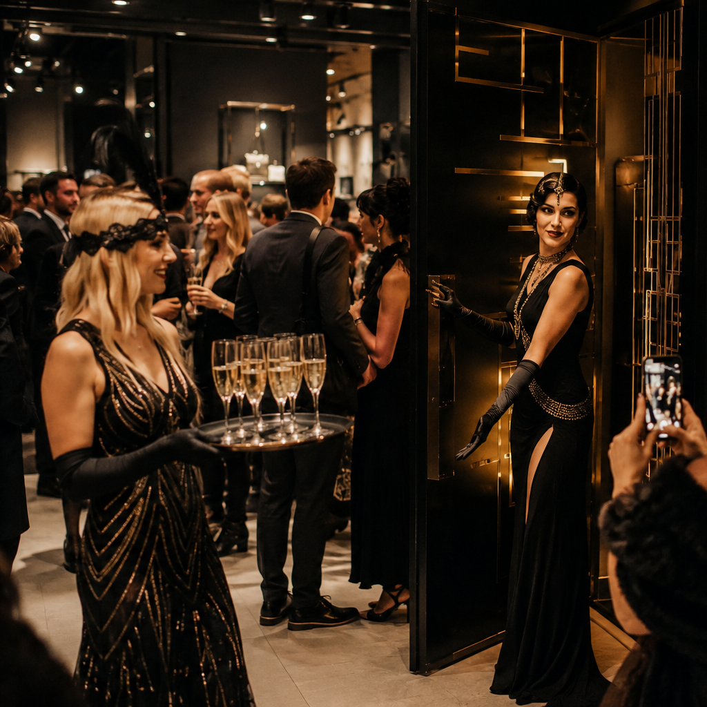 Guests arriving at a luxury Chicago brand activation with immersive hosts and champagne service