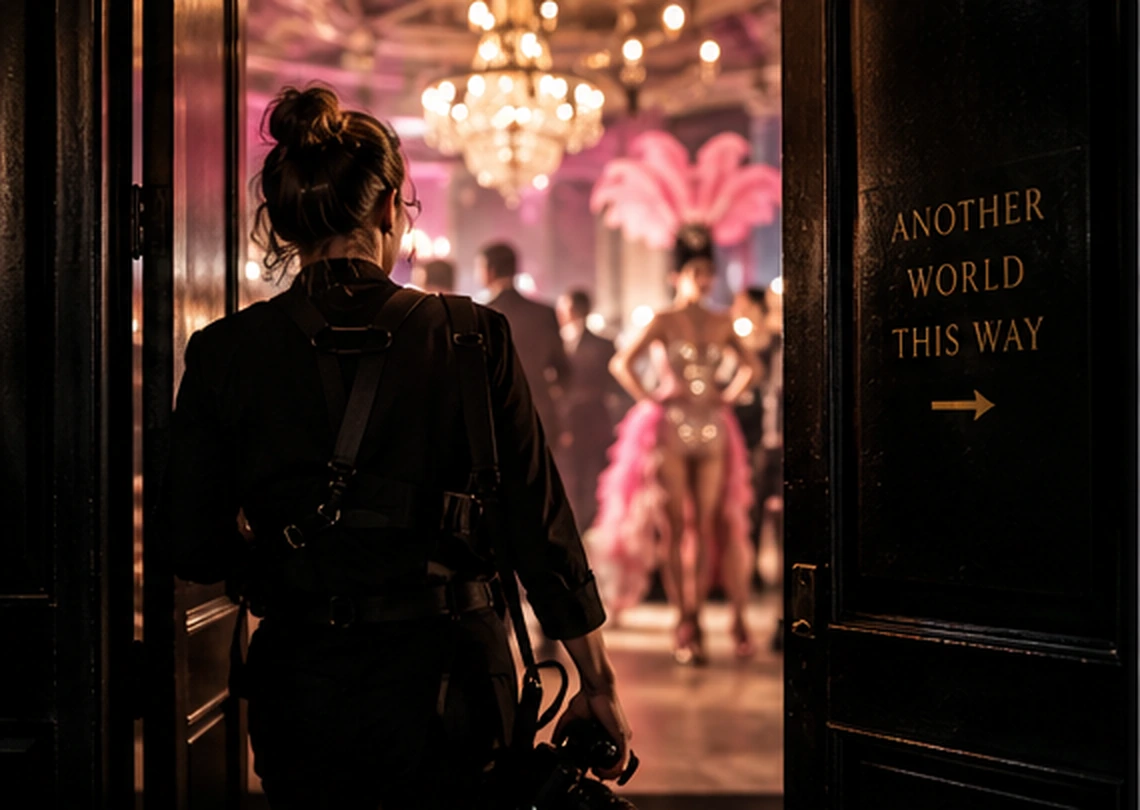 Event videographer entering an immersive Vaudezilla performance in Chicago