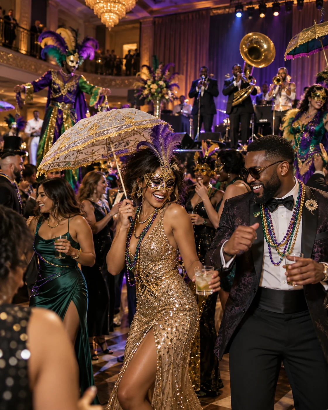 Guests dancing with Mardi Gras performers and live musicians during an upscale masquerade style corporate party