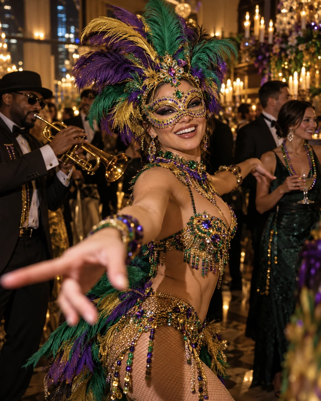 Masked Mardi Gras dancer in purple green and gold performing beside a live trumpet player at an elegant event