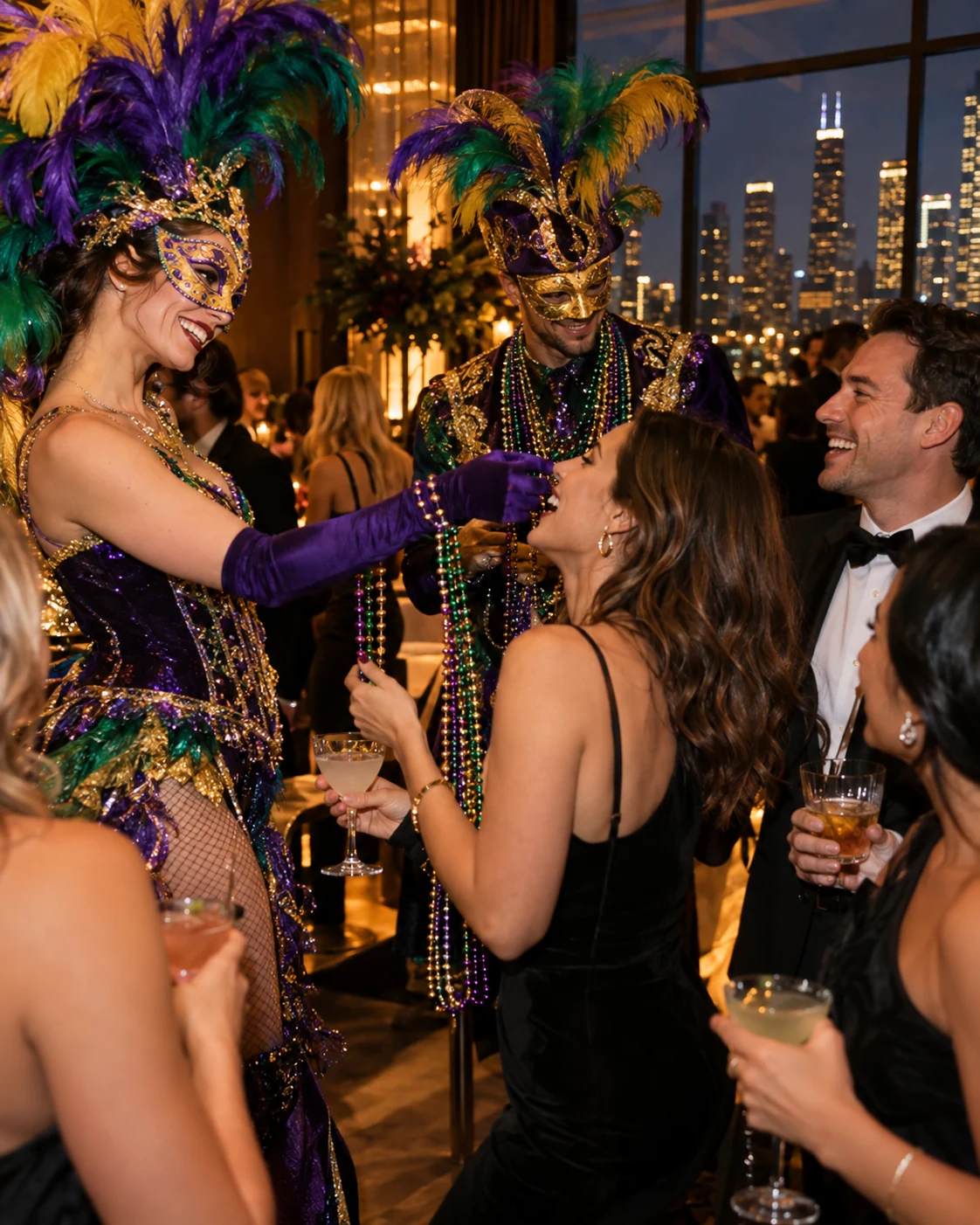 Masked Mardi Gras performers sharing beads and interacting with guests at an upscale Chicago style cocktail party
