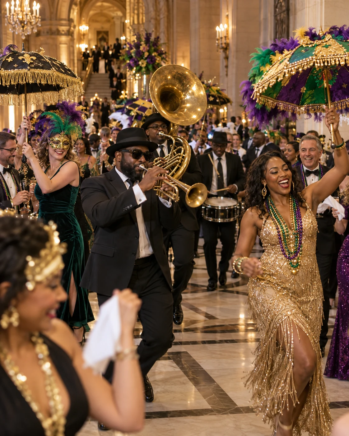 Brass band leading a festive Mardi Gras procession through a grand ballroom with masked performers and guests