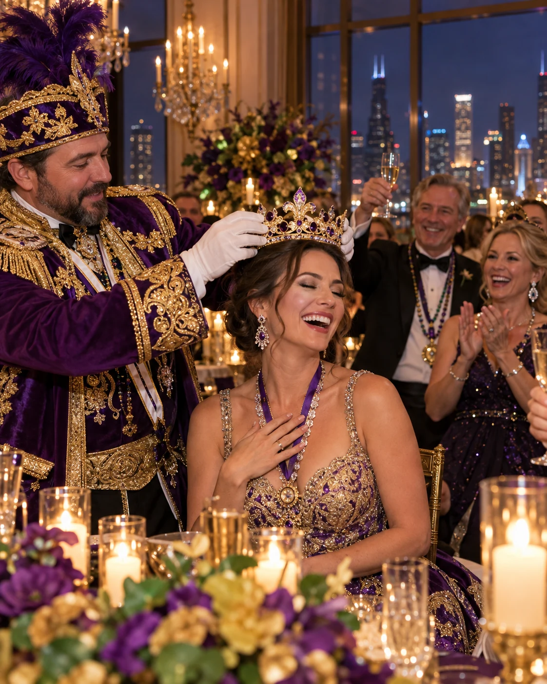 Mardi Gras host crowning a smiling guest during an elegant interactive event with a Chicago skyline backdrop