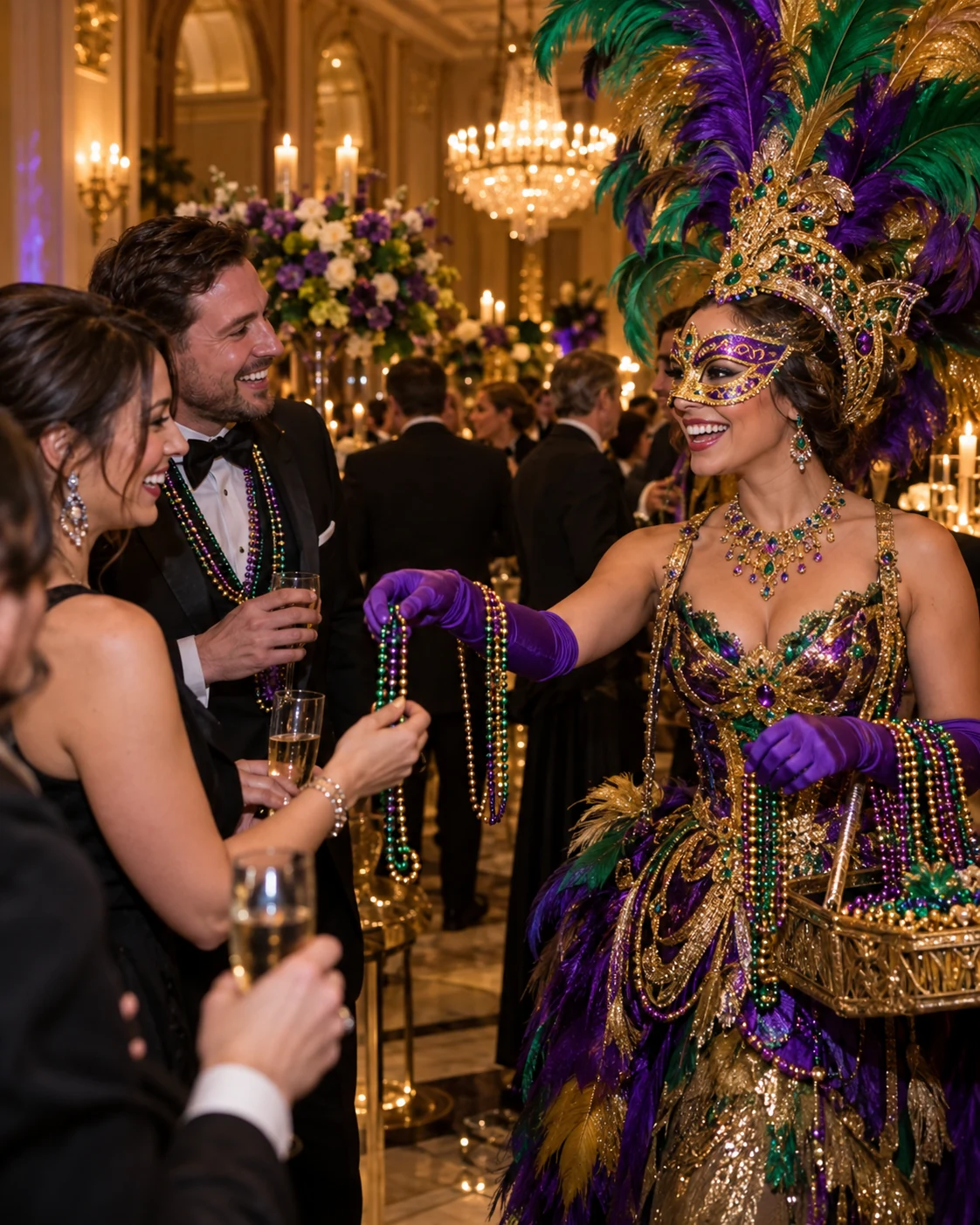 Costumed Mardi Gras performer sharing beads with guests during an elegant gala reception