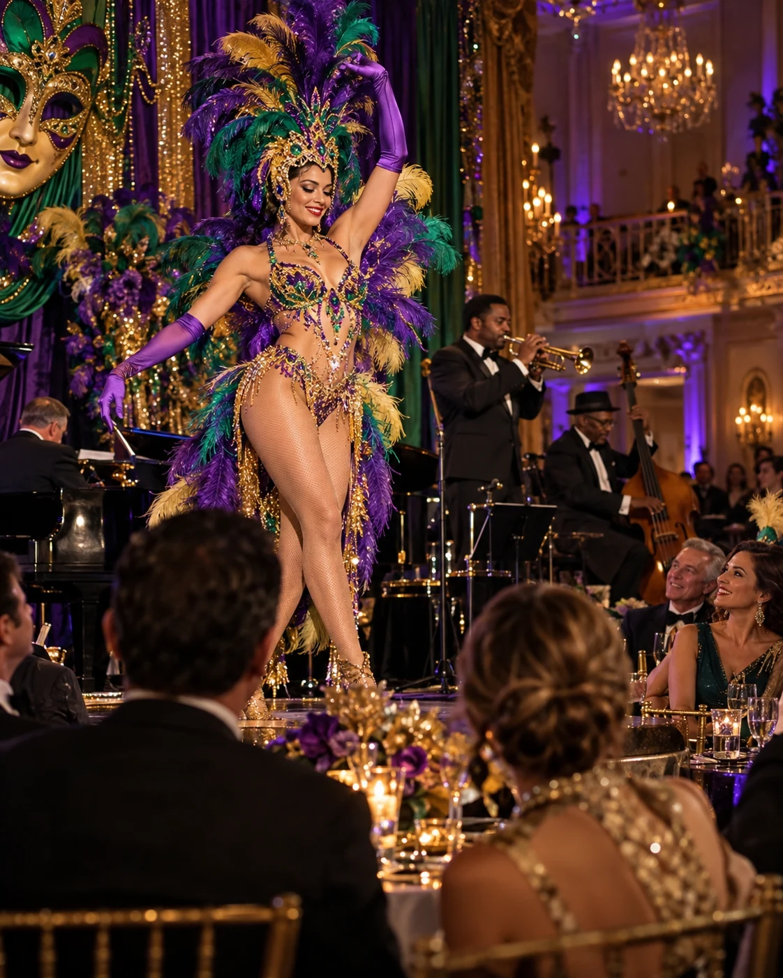 Mardi Gras showgirl in purple green and gold performing with a live band at an elegant Chicago style gala