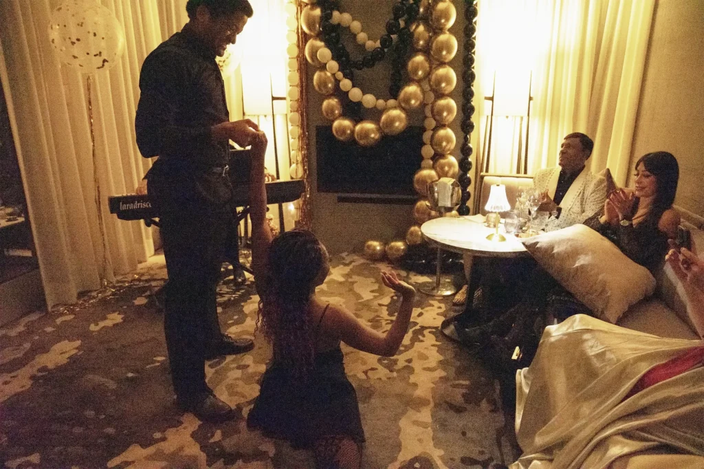 Immersive Private Dinner Entertainment at The Peninsula Chicago Vaudezilla Performer engaging seated guests during an intimate private dinner at The Peninsula Chicago